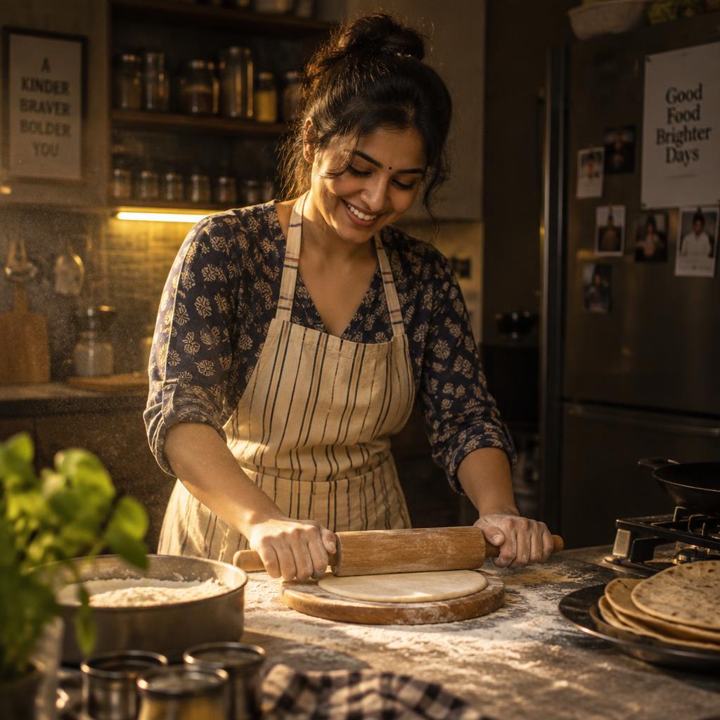 The PROTI founder rolling rotis in a home kitchen