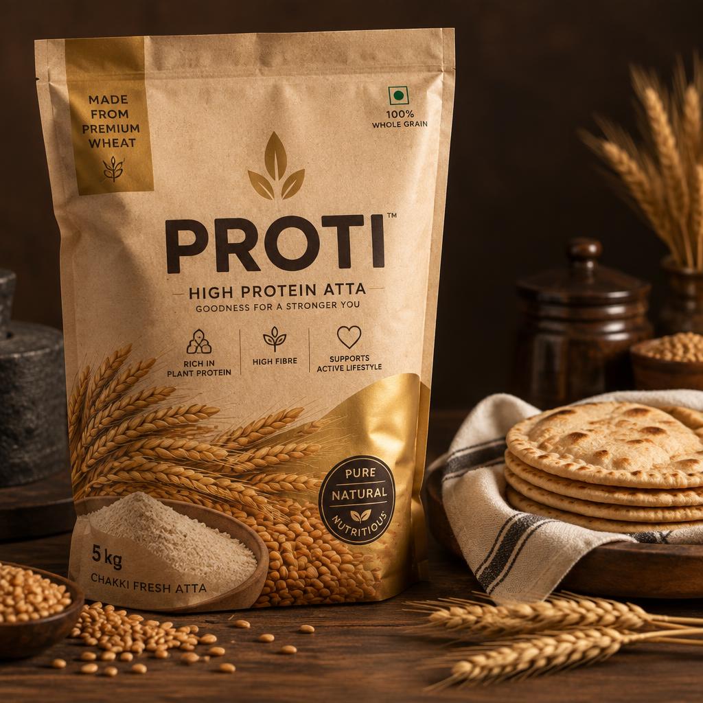 PROTI high-protein atta pack next to a stack of soft rotis